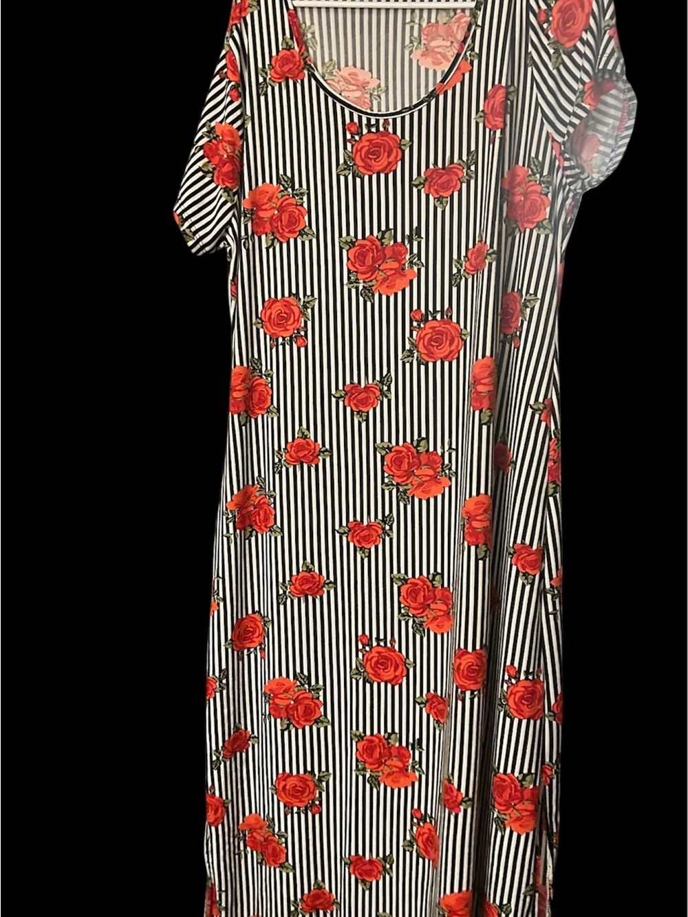 Women’s Black & White Striped Dress with Red Rose Print